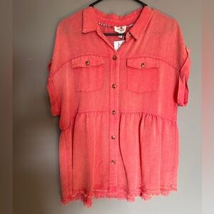 Umgee Coral Button-Up Short Sleeve Shirt NWT